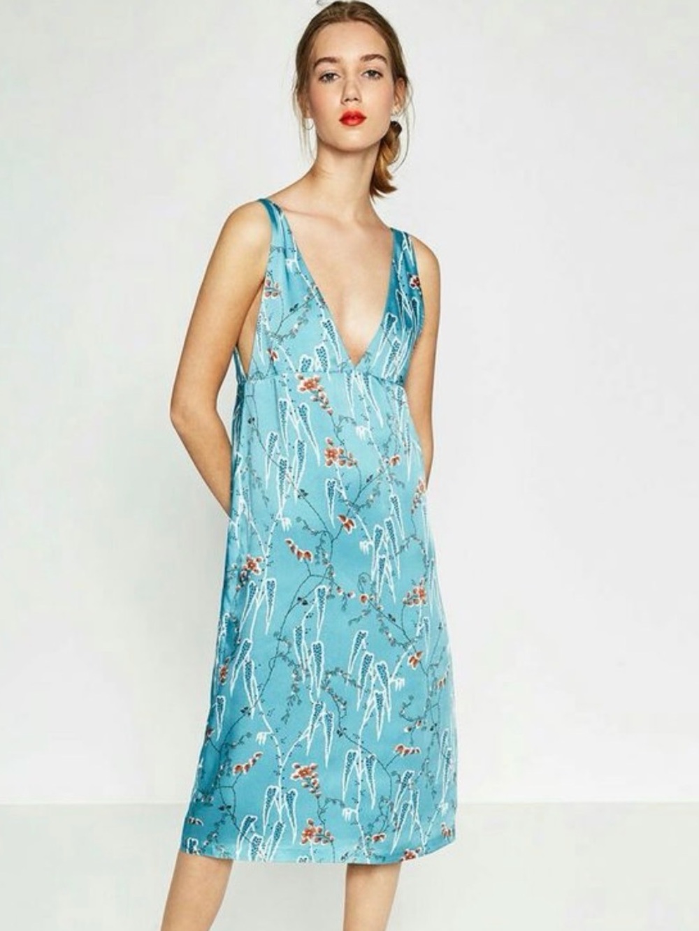 Zara Aqua Blue Floral Plunge Midi Dress